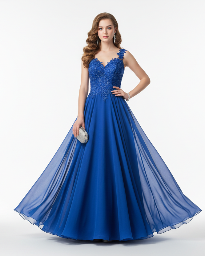 create a girl in a blue dress, on a white backgorund